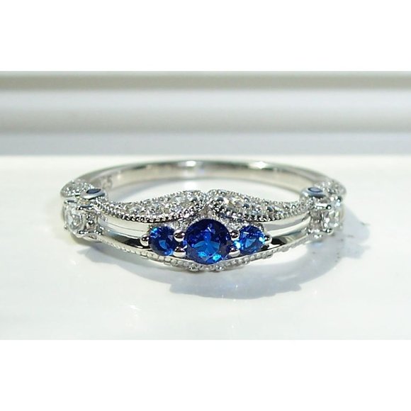 925 STERLING SILVER Antique Style Blue Spinel Cubic Zirconia Filigree Ring - Picture 3 of 16